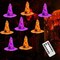 Halloween Decorations 8 Pcs Lighted Hanging Witch Hats, 14ft 56 LEDs Halloween Indoor Outdoor Remote Control String Lights, Battery Powered with 8 Lighting Modes for Garden, Yard, Tree & Organizer Storage Tote Bag